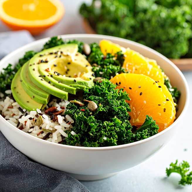 Firefly_wild rice bowl with kale, avocado, and orange 289507
